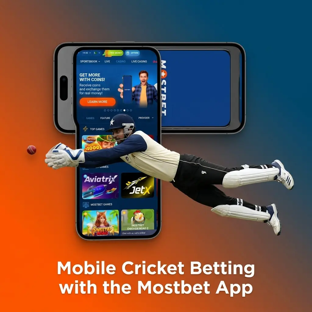 Mostbet mobile app for cricket betting in Pakistan shown on Android and iOS devices with live match markets