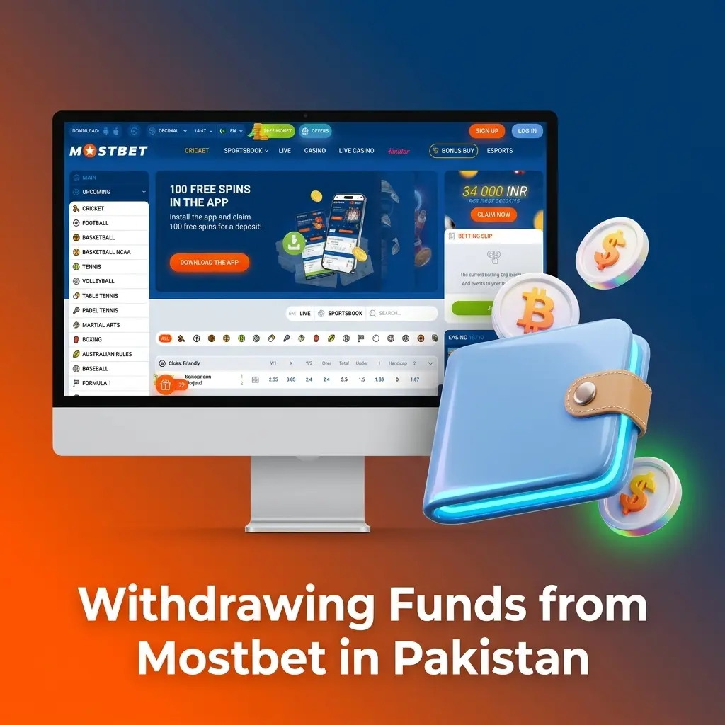 Mostbet Pakistan withdrawal process showing cashier menu steps for requesting and tracking funds